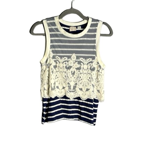 Anthro Postmark Sleeveless Navy Blue Striped Top with Lace Overlay Size Small - Picture 1 of 8